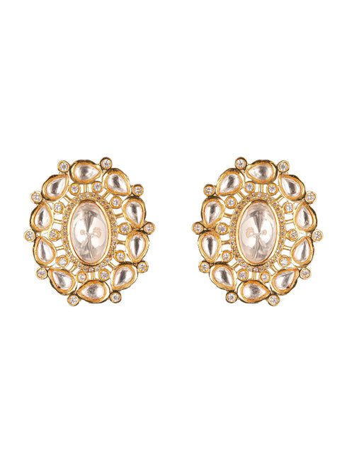 Gold Plated Uncut Polki Mossanite Studded Floral Designer Studds Earrings