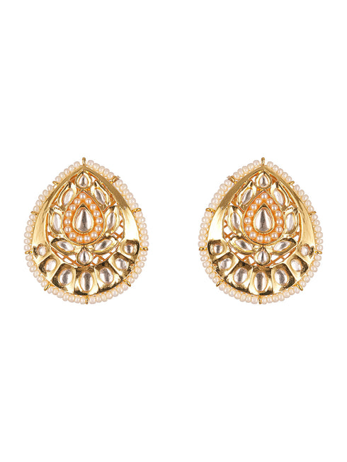 Gold Plated Kundan Studded Designer Pearl Beaded Designer Studds Earrings
