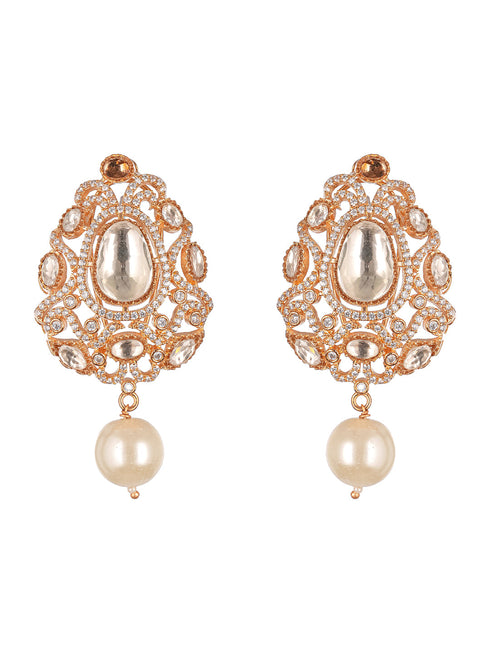 Gold Plated Uncut Mossanite Polki Statement Floral Drop Studds Earrings