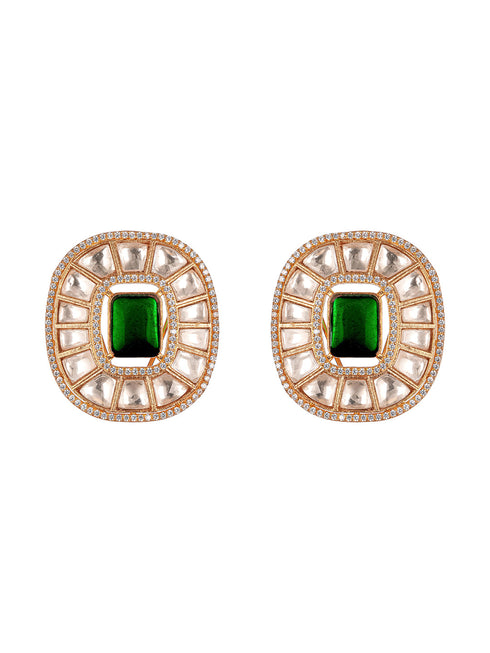 Gold Plated Green Emerald Uncut Polki Mossanite Designer Statement Studds Earrings