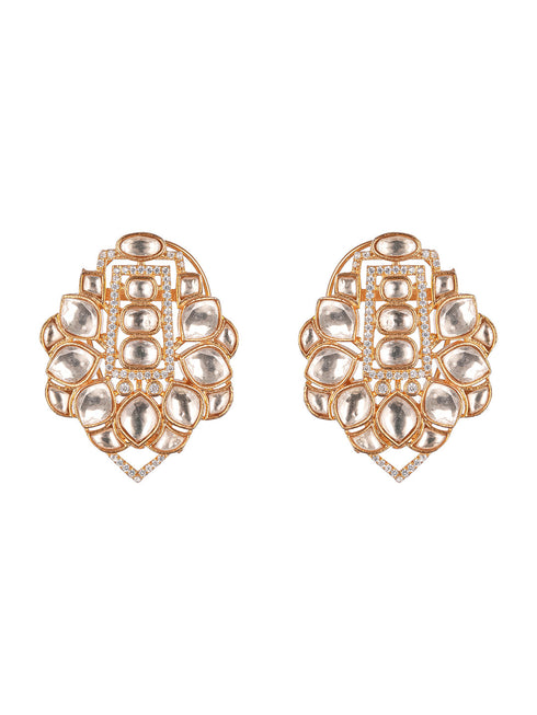 Gold Plated Polki Kundan Studded Designer Floral Bridal Large Studds Earrings