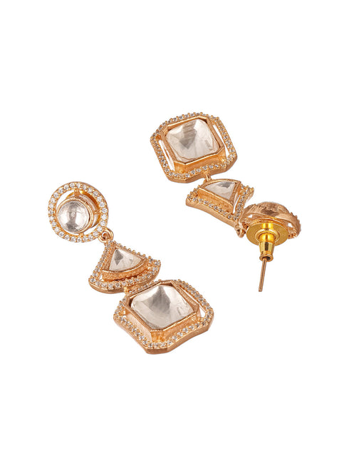 Gold Plated Uncut Polki Mossanite Kundan Studded Quirky Shaped Dropdown Earrings