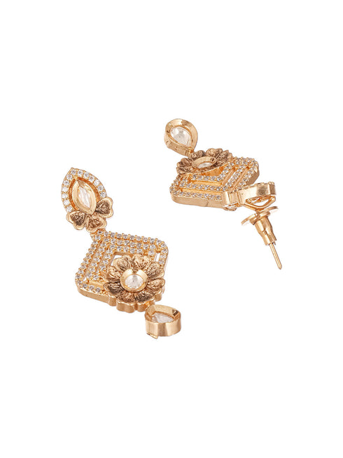 Gold Plated Uncut Polki Kundan Mossanite Studded Floral Dropdown Minimal earrings