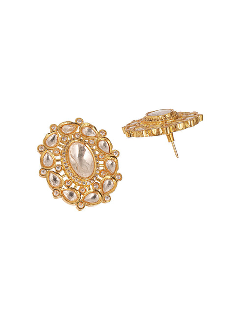 Gold Plated Uncut Polki Mossanite Studded Floral Designer Studds Earrings