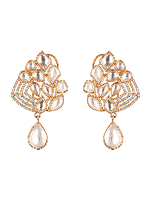 Gold Plated Uncut Polki Mosannite Kundan Studded Floral Drop Studds Earrings