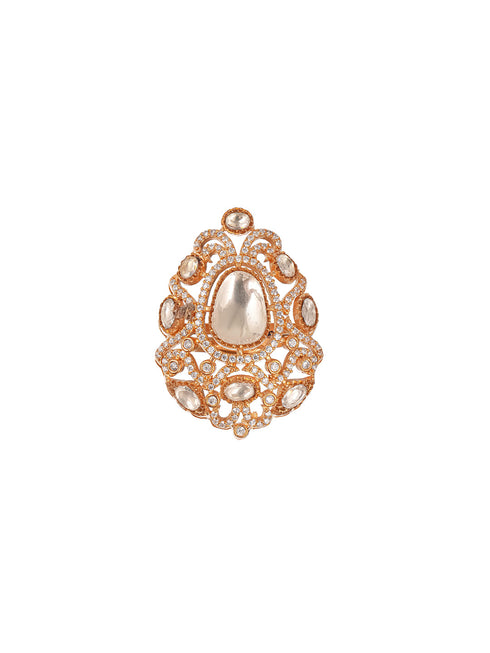 Gold Plated Kundan Moissanite Studded Filigree Luxe Tilak Shaped Cocktail Finger Ring