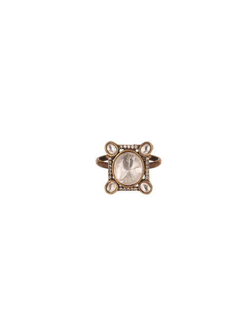 Gold Plated Kundan Uncut Mossanite Studded Geometric Minimal Adjustable Finger Ring