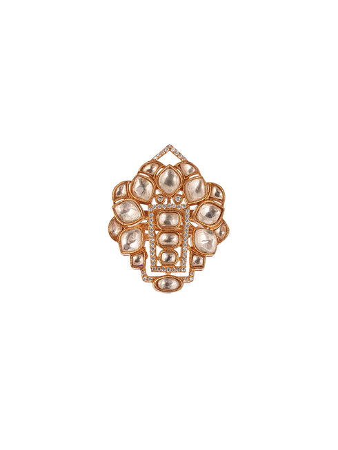 Gold Plated Uncut Polki Kundan Mossanite Studded Designer Floral Adjustable Finger Ring
