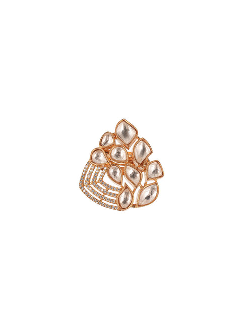 Gold Plated Uncut Polki Mossanite Kundan Studded Adjustable Cocktail Finger Ring