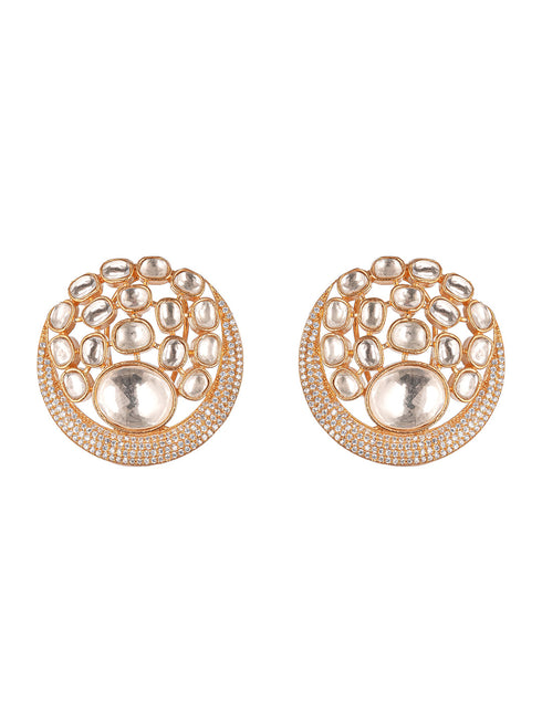 Gold Plated Uncut Polki Mossanite Kundan Studded Bridal Designer Circular Studds Earrings