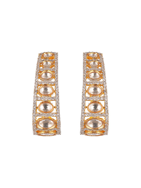 Gold Plated Uncut Kundan Polki Mossanite Minimal Half Hoop C - Bali Studds Earrings