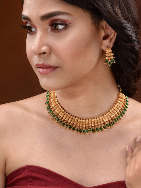 Gold Plated Green stone studded Handcrafted Leaf design Temple Jewellery Set