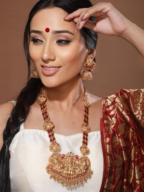 Gold Plated Stone Studded Laxmi ji Long jewellery set
