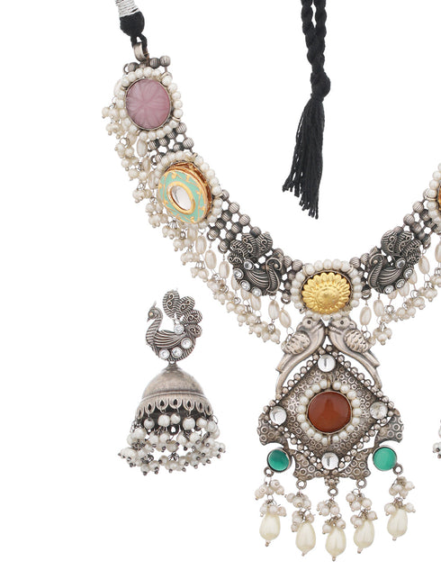 Silver Oxidised Kundan Studded & Pearl Beaded Fusion Statement Jewellery Set
