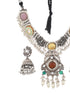Silver Oxidised Kundan Studded & Pearl Beaded Fusion Statement Jewellery Set