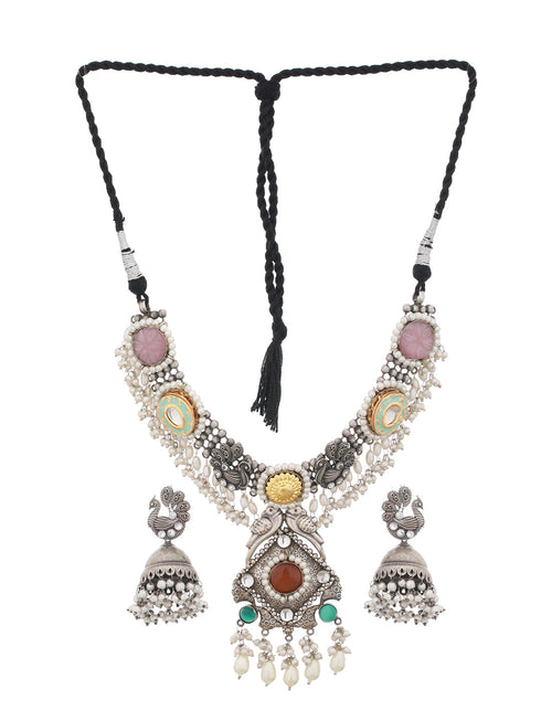 Silver Oxidised Kundan Studded & Pearl Beaded Fusion Statement Jewellery Set