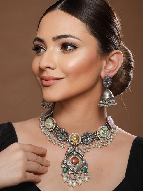 Silver Oxidised Kundan Studded & Pearl Beaded Fusion Statement Jewellery Set
