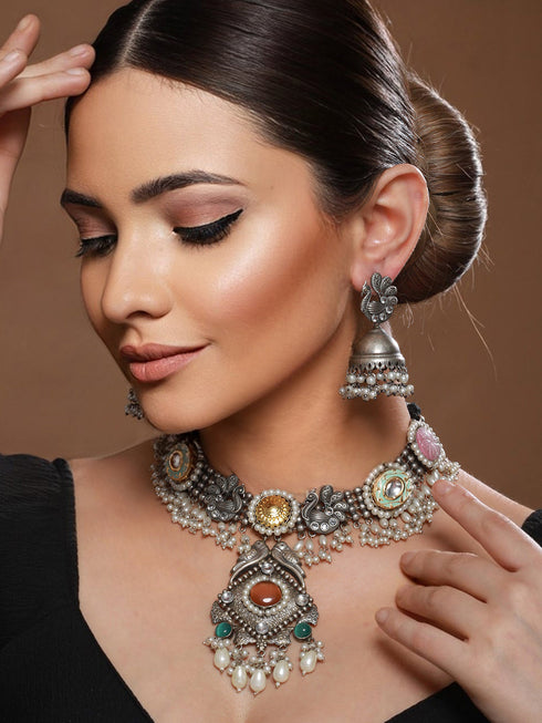 Silver Oxidised Kundan Studded & Pearl Beaded Fusion Statement Jewellery Set