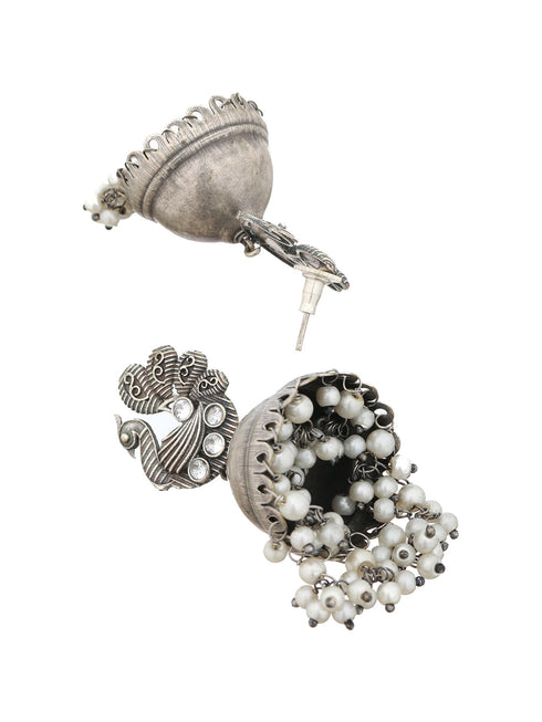 Silver Toned Oxidised Pearl Beaded Fusion Choker Jewellery Set