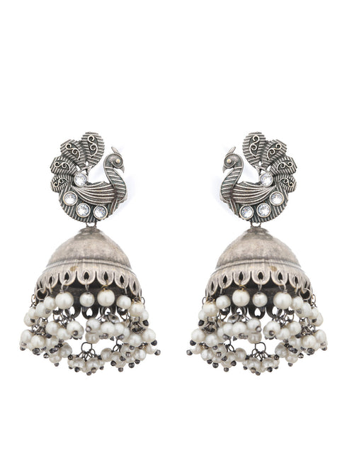 Silver Toned Oxidised Pearl Beaded Fusion Choker Jewellery Set