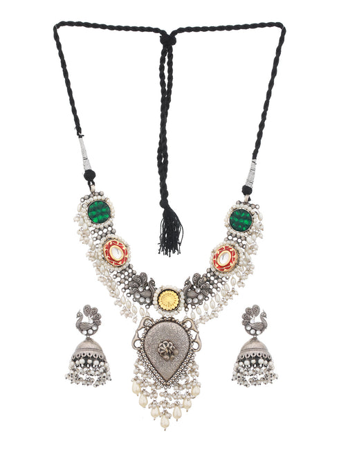Silver Toned Oxidised Pearl Beaded Fusion Choker Jewellery Set