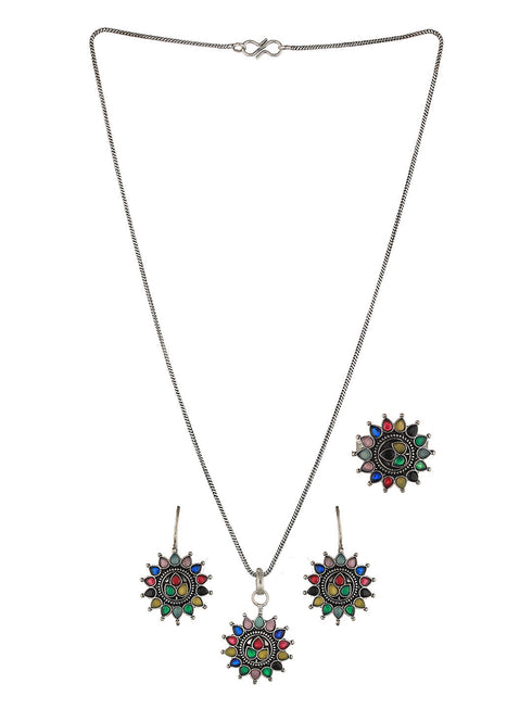 Silver oxidised Multicolored Combo Locket Ring Jewellery set