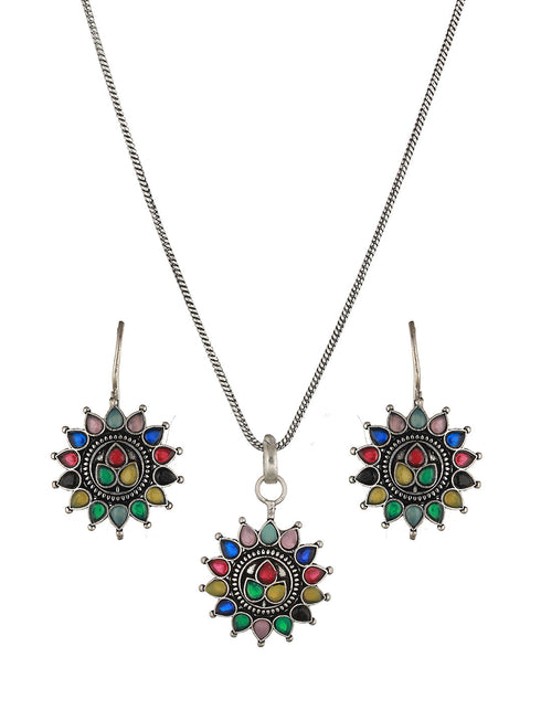 Silver oxidised Multicolored Combo Locket Ring Jewellery set