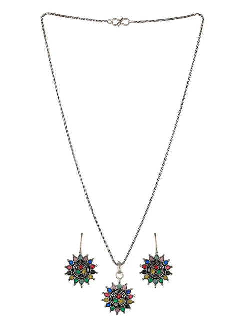 Silver oxidised Multicolored Combo Locket Ring Jewellery set