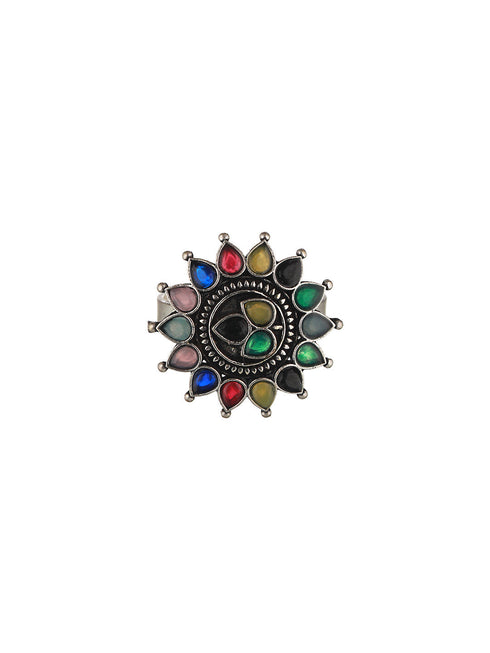 Silver oxidised Multicolored Combo Locket Ring Jewellery set