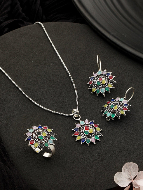Silver oxidised Multicolored Combo Locket Ring Jewellery set