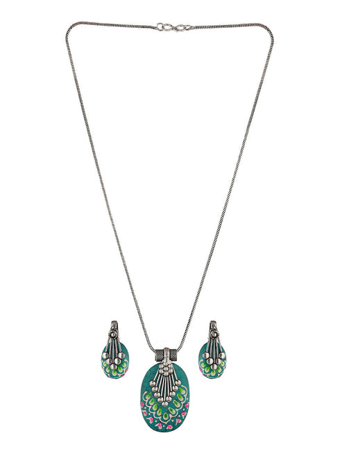 Oxidised Hand Painted & Mint Enamelled Locket Jewellery Set