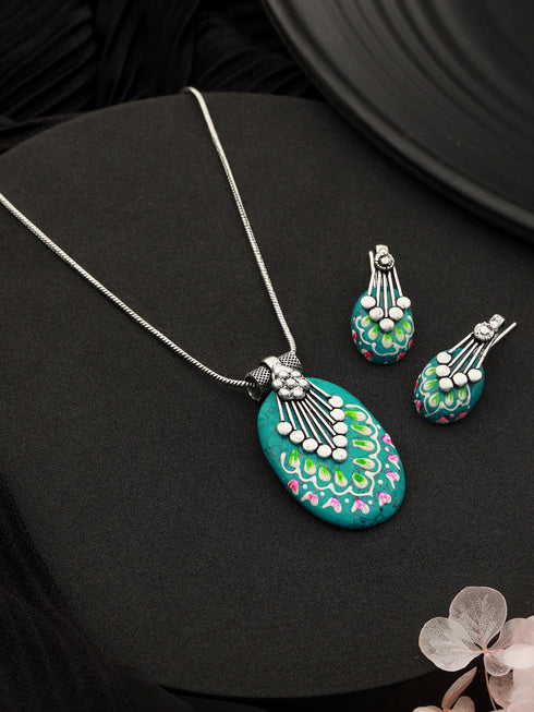 Oxidised Hand Painted & Mint Enamelled Locket Jewellery Set