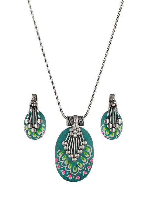 Oxidised Hand Painted & Mint Enamelled Locket Jewellery Set