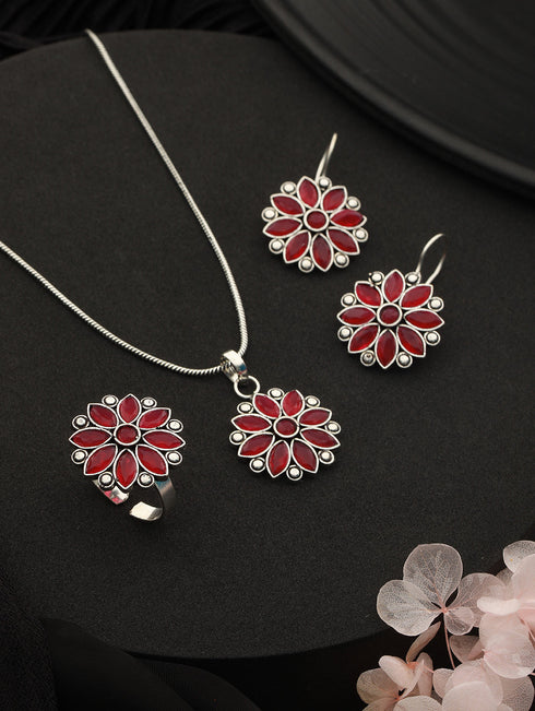 Silver oxidised Red Stone Studded Combo Locket Jewellery Set