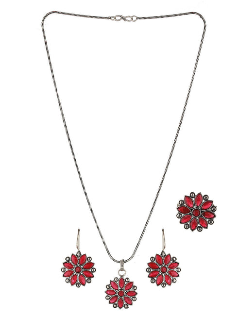 Silver oxidised Red Stone Studded Combo Locket Jewellery Set