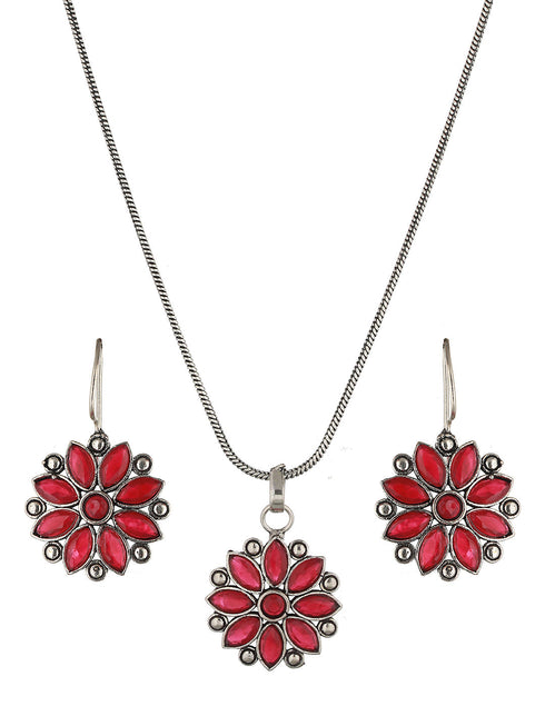 Silver oxidised Red Stone Studded Combo Locket Jewellery Set