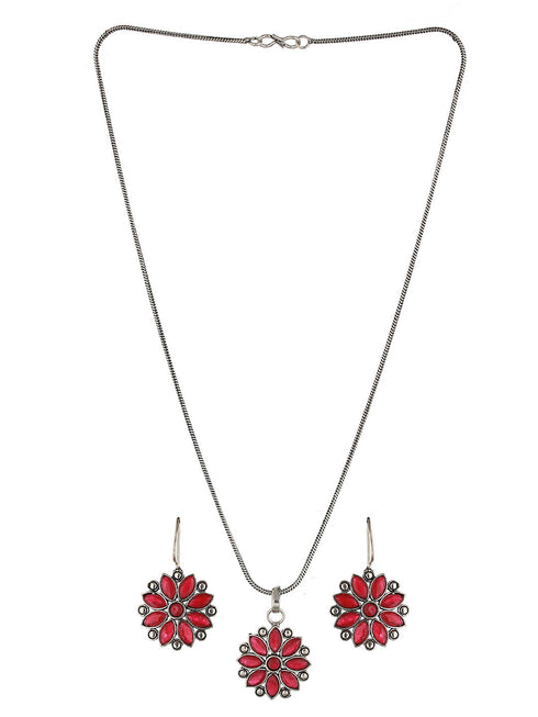Silver oxidised Red Stone Studded Combo Locket Jewellery Set