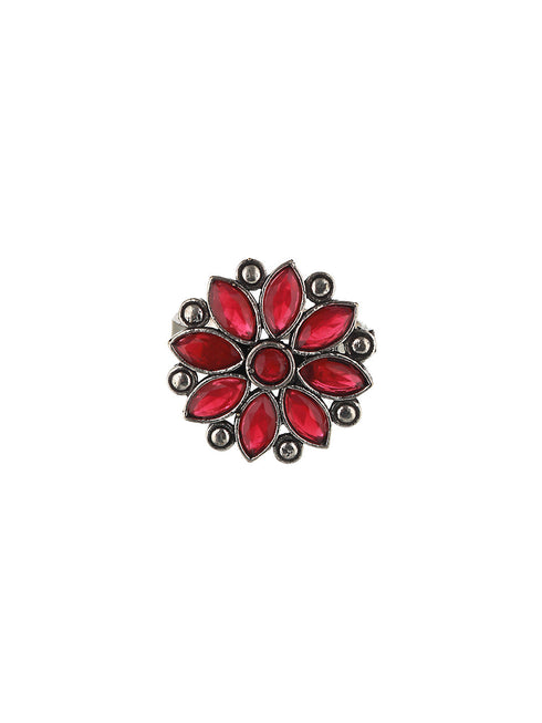 Silver oxidised Red Stone Studded Combo Locket Jewellery Set