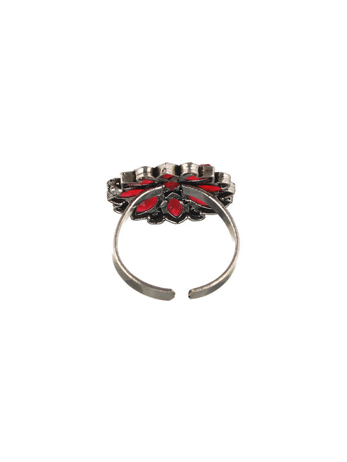 Silver oxidised Red Stone Studded Combo Locket Jewellery Set