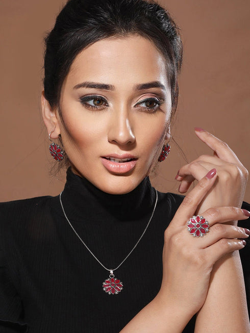 Silver oxidised Red Stone Studded Combo Locket Jewellery Set