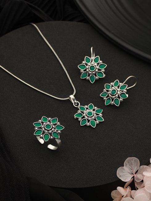 Silver oxidised Green Stone Studded Combo Locket Jewellery Set
