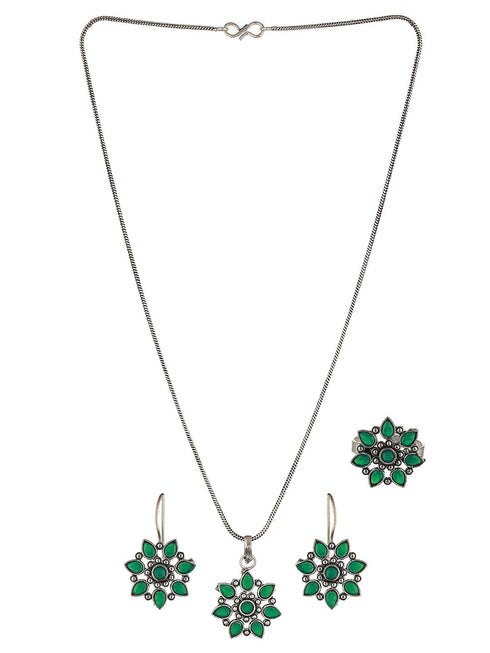 Silver oxidised Green Stone Studded Combo Locket Jewellery Set