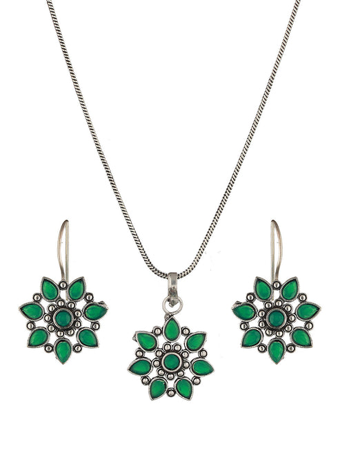 Silver oxidised Green Stone Studded Combo Locket Jewellery Set