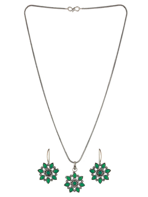 Silver oxidised Green Stone Studded Combo Locket Jewellery Set