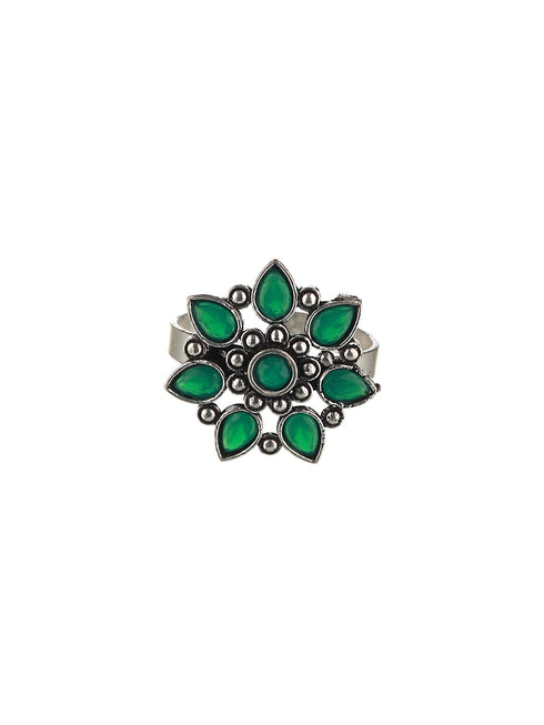 Silver oxidised Green Stone Studded Combo Locket Jewellery Set