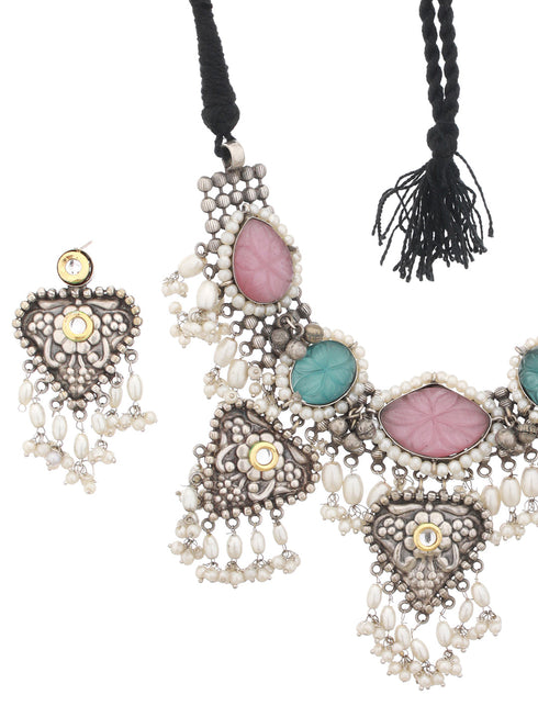Oxidised Stone Studded Fusion statement Jewellery set
