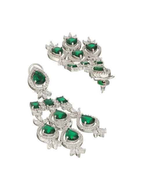 White Rhodium Silver Plated Green CZ Stone Studded jewellery Set