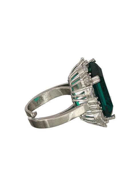 Silver Plated Green CZ Studded Cocktail Luxe Finger Ring