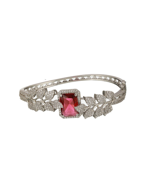Silver Toned Red AD Studded Statement Handcrafted Bracelet