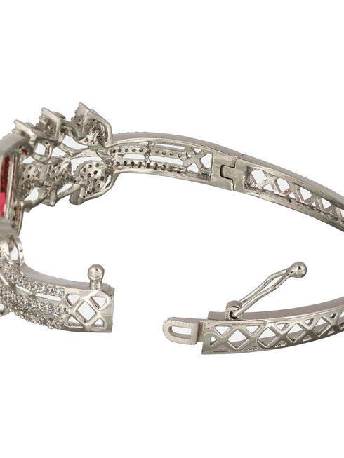 Silver Toned Red AD Studded Statement Handcrafted Bracelet